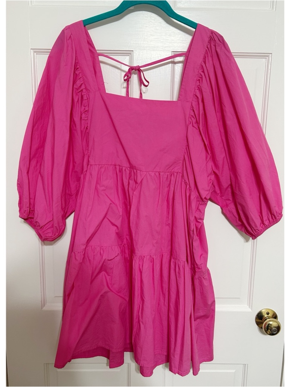 a new day Hot Pink Puff-Sleeve Tiered Mini Dress with Square Neck
